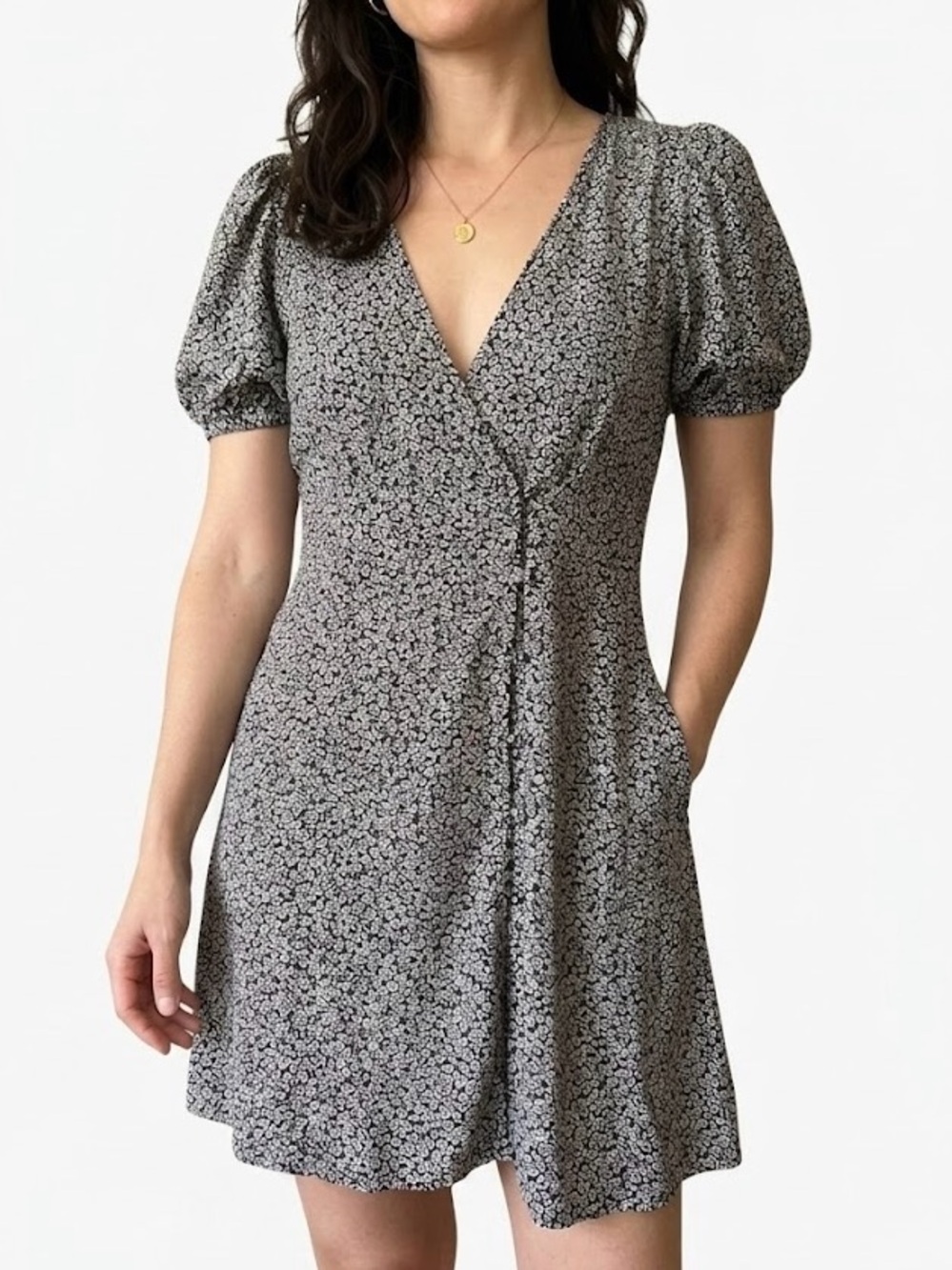Madewell Tudor Floral Challis Wrap Puff Sleeve Mini Dress Black & White 6 EUC